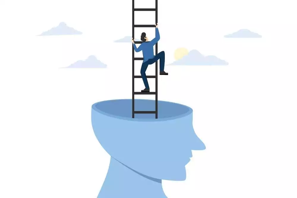 beat-the-blues-tms-guide Illustration showing a person climbing out of their head, symbolizing success with TMS for depression. Beat the blues with TMS therapy.