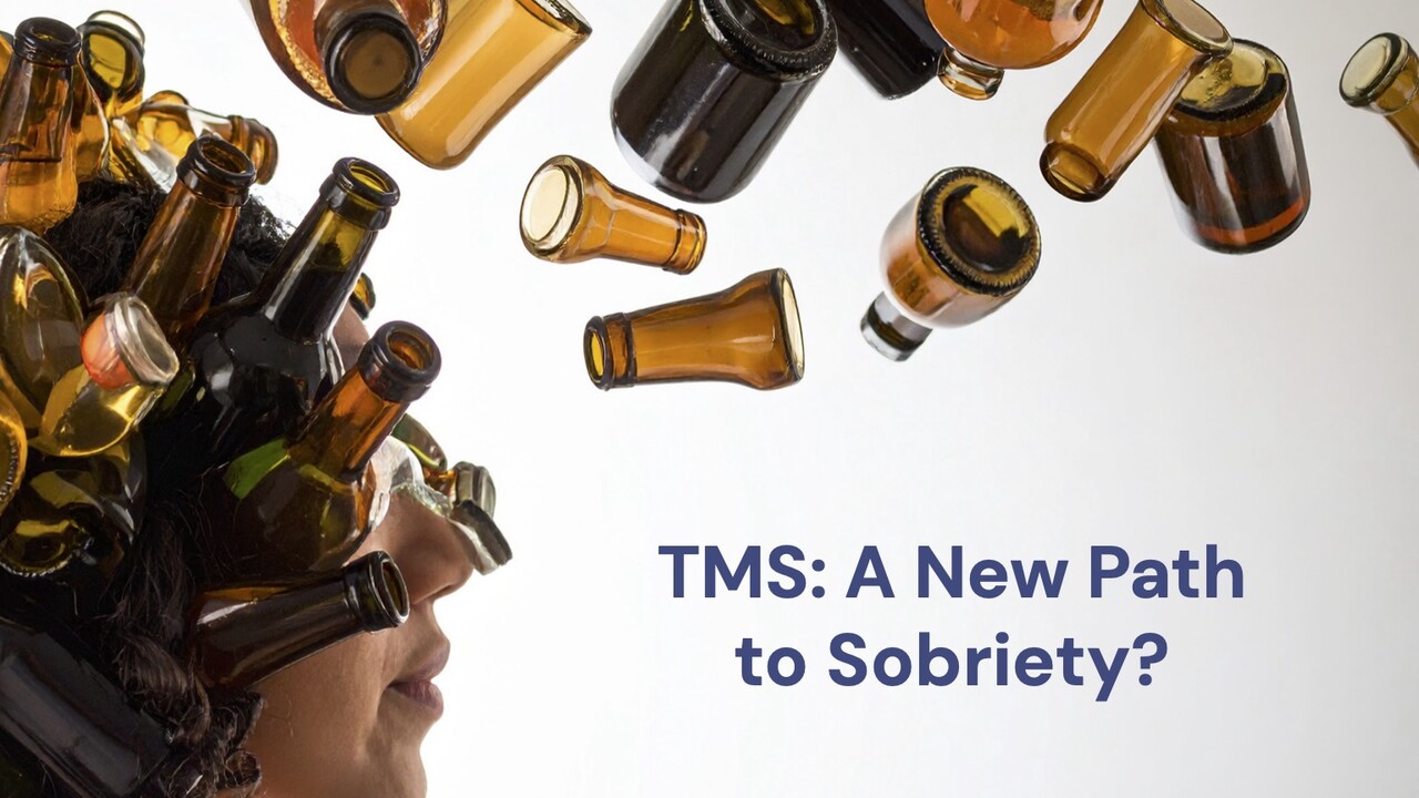 large-Sobriety A person in profile with brown and clear glass bottles attached to their head, with more bottles falling around them against a white background. Text on the right reads "TMS: A New Path to Sobriety?".